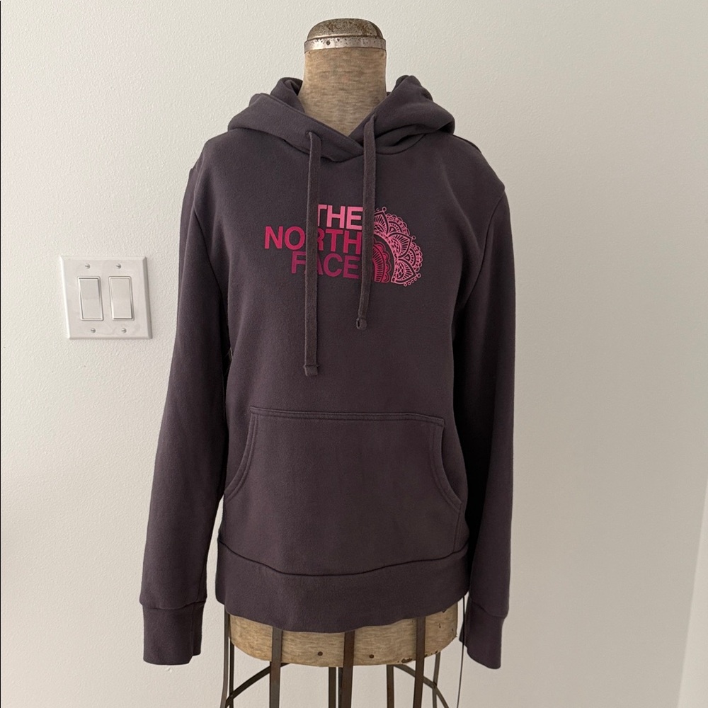 The North Face Dark Plum Hoodie with Pink Logo - Size Medium